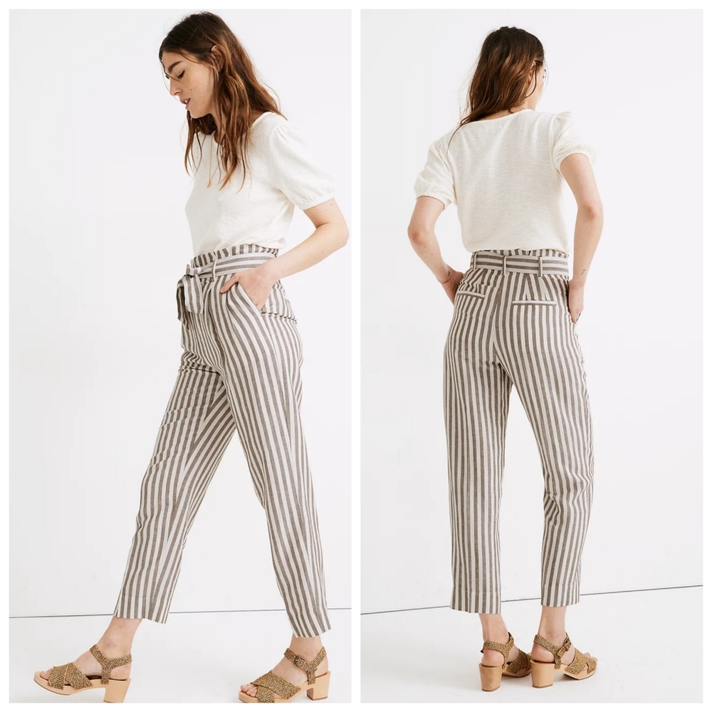 Madewell Pants Striped Linen Blend Paperbag Pants White Brown 8 - Picture 2 of 5